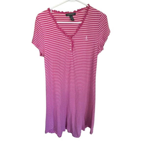 Vintage Y2K Lauren Ralph Lauren Women's Pink & White Striped Cotton Night Gown - Picture 3 of 7